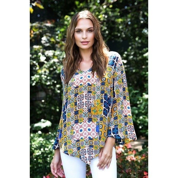 Tolani x Nicky Hilton 100% Silk Salerno Tassel Boho Tunic Blouse Blue & Yellow M - Picture 8 of 8